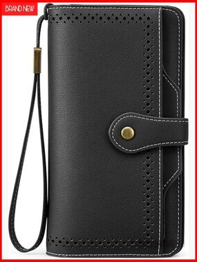 Leather RFID Wristlet Wallet with Phone Pocket, Card Slots, Detachable Strap